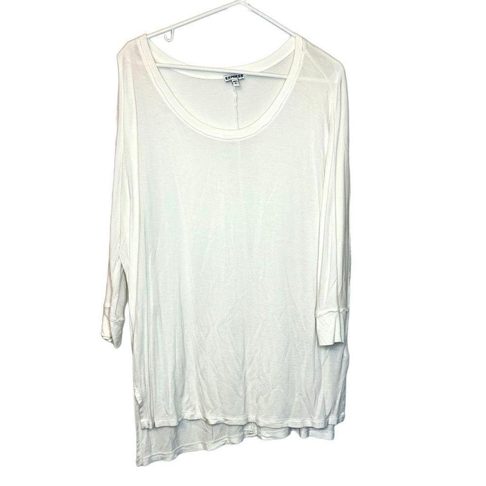 Express Scoop Neck 3/4 Sleeves Drop Shoulder Rayon Hi-Low Hem White Tunic Large